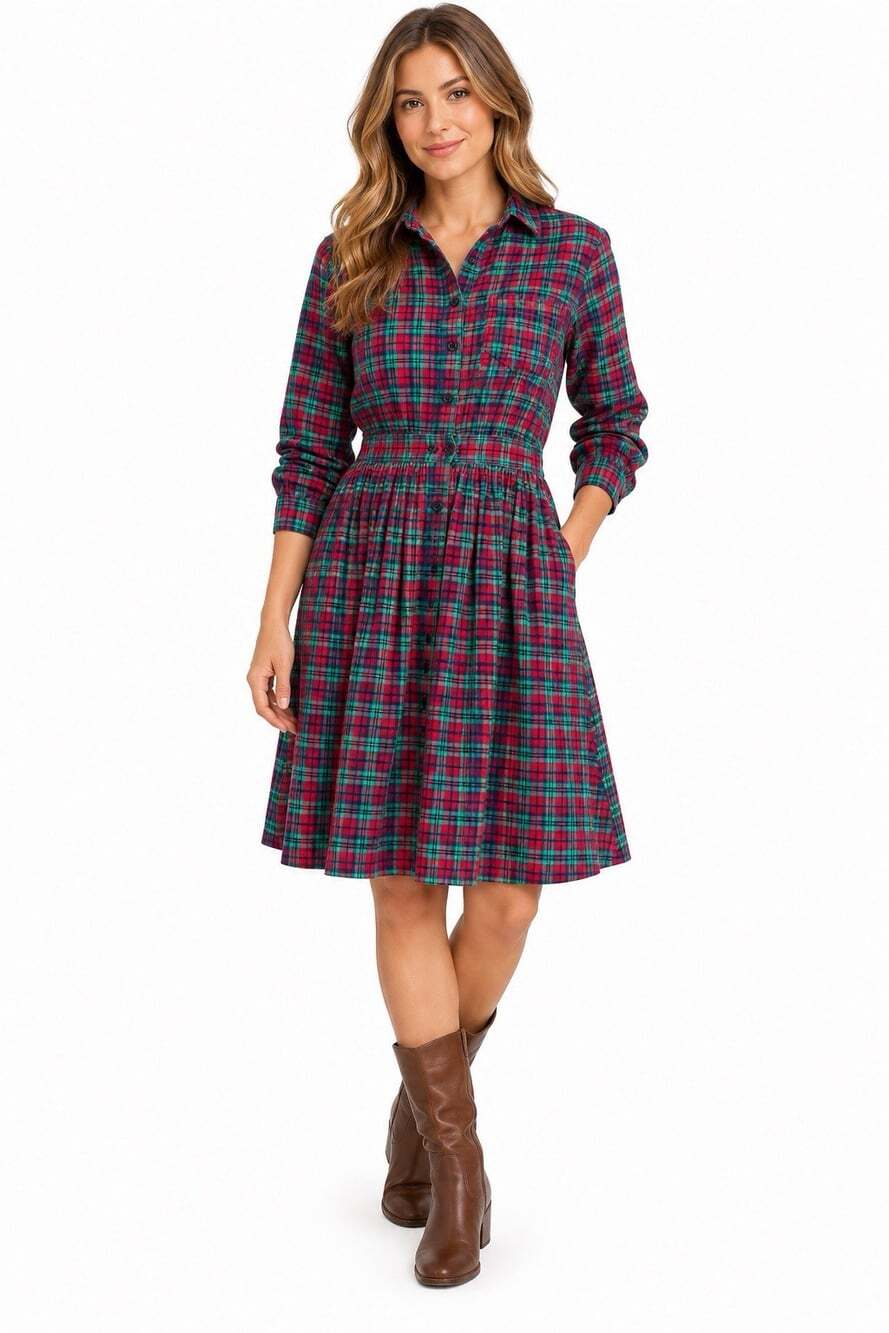 Charter Club Plaid Flannel Shirt Dress Sz 8 Cotton Tartan Made Hong Kong VTG 80s